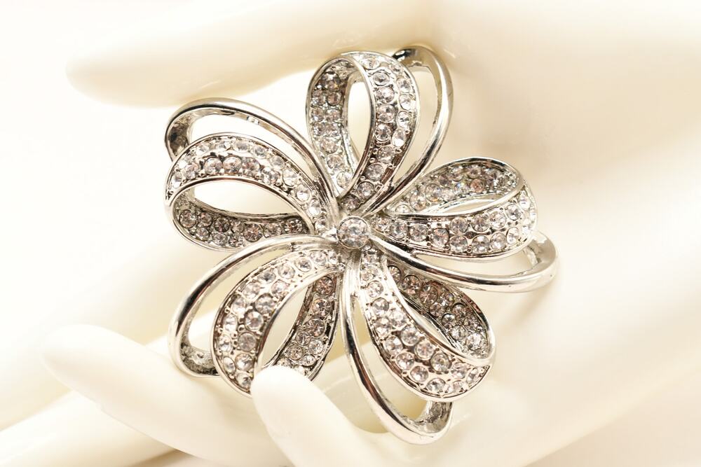 Vintage MONET Rhinestone Flower Brooch Silver Tone Large Bridal Statement Pin